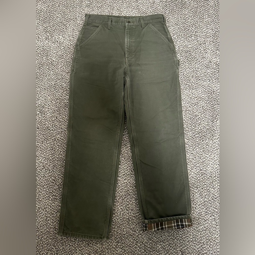 Carhartt Olive Green Flannel Lined Duck Pants Dungaree Fit 33x32